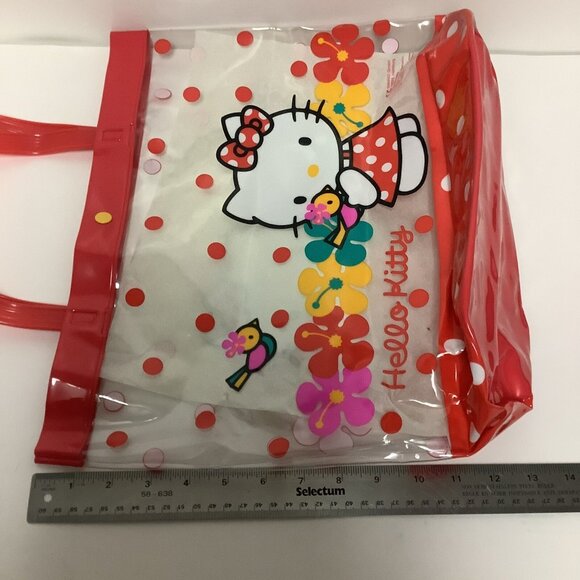 Vintage 1995 Hello Kitty Clear Plastic Tote Bag Red Dots Tropical Flowers Birds - Picture 12 of 16